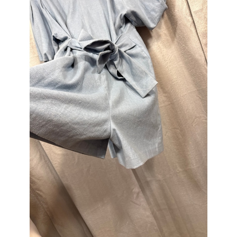 BCBGMAXAZRIA Chambray Puff Sleeve Wrap Romper Blue FIU9242180-485 Womens M NWT - Picture 6 of 6